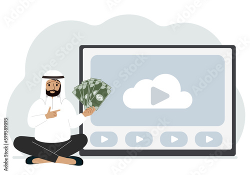 A man holds paper banknotes in his hand, next to a computer with a video. Freelancer, earning money, working on the Internet, training, coaching, business, remote work.