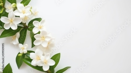 Jasmine white flowers on white background. AI generated.