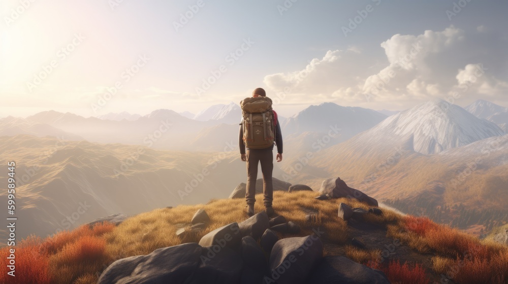 Man traveler wearing a hat with backpack. Travel Lifestyle and Adventure concept. AI generated.