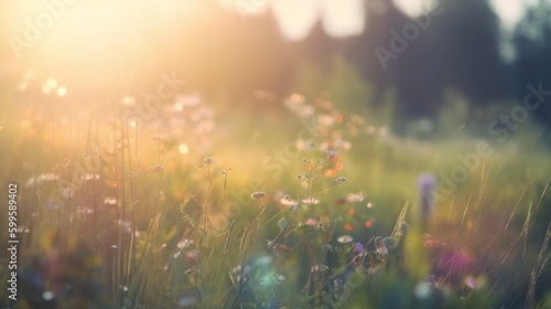 Magic blur bokeh nature morning sun flower field. AI generated.
