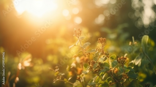 Magic blur bokeh nature morning sun flower field. AI generated. © vadymstock