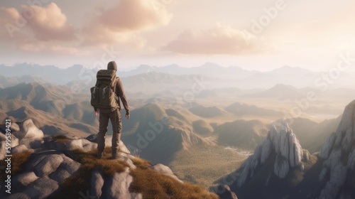 Man traveler wearing a hat with backpack. Travel Lifestyle and Adventure concept. AI generated.