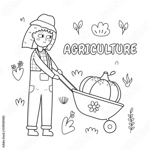 Agriculture black and white print with a cute girl farmer carrying a pumpkin in a cart. Summer background in cartoon style. Vector illustration