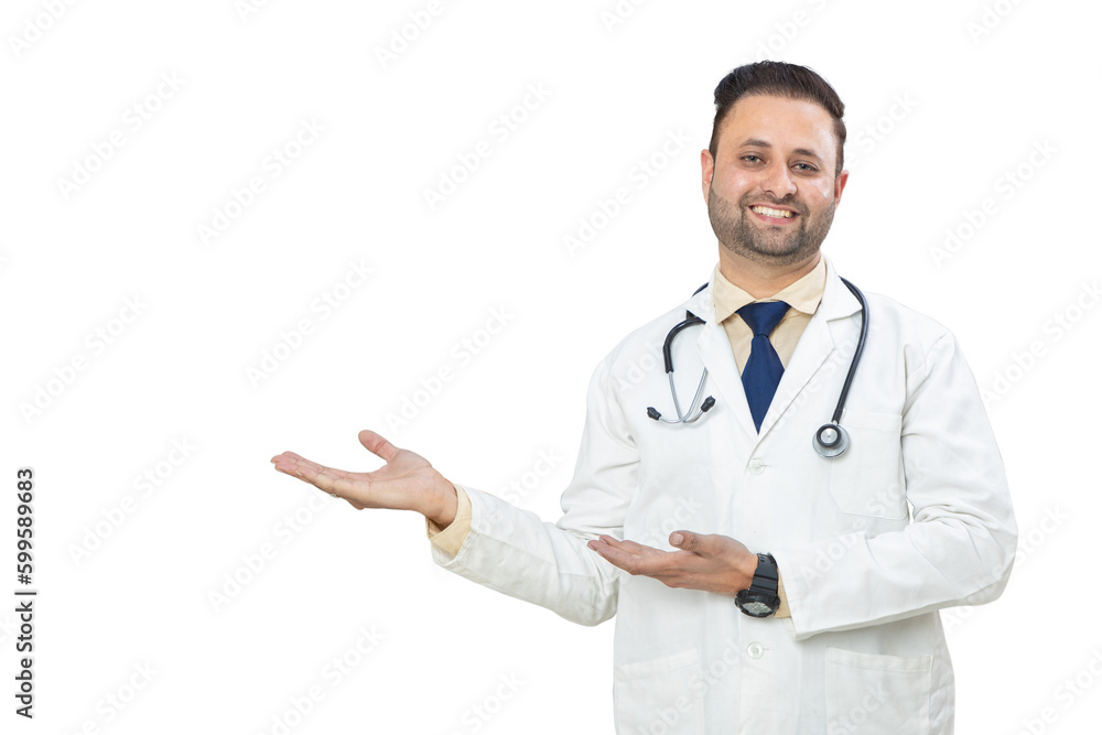 Confident young indian male doctor with stethoscope do hand gesture isolated over white background, healthcare and medical concept. Look here. Confident young indian male doctor with stethoscope do hand gesture isolated over white background, healthcare and medical concept. Look here.