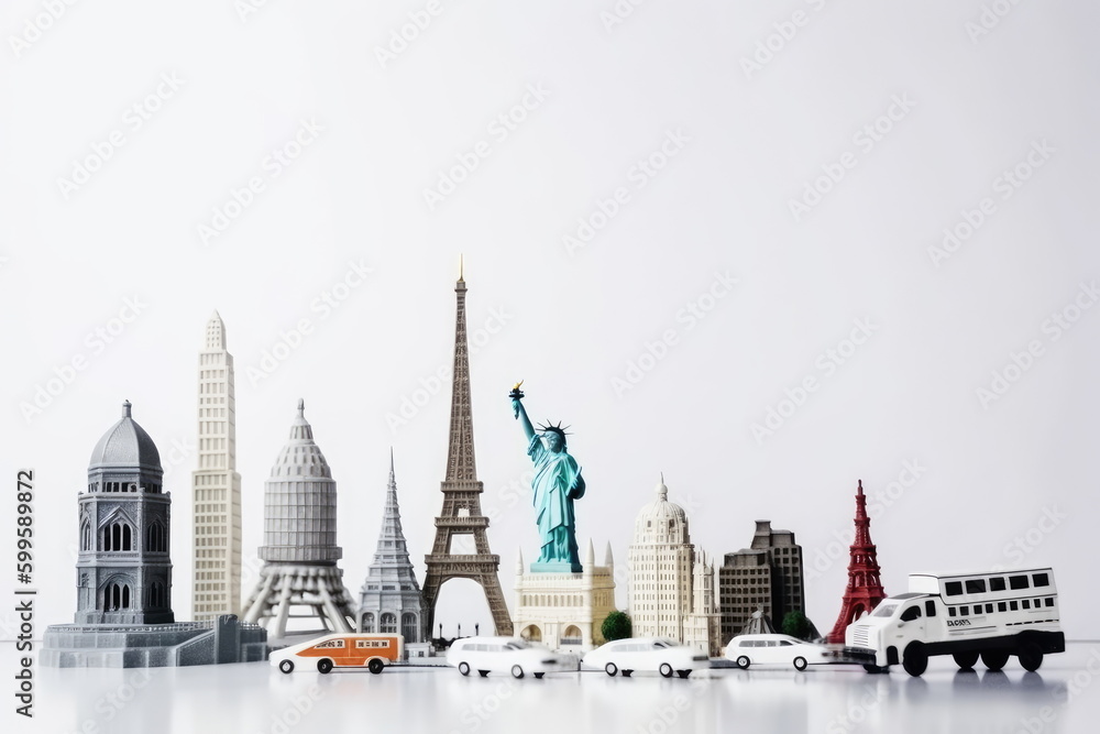 Travel concept around the world with landmarks, white background