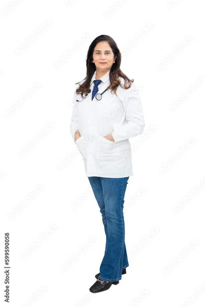 Portrait happy beautiful indian female doctor with stethoscope standing isolated over white background, healthcare and medical concept. Portrait happy beautiful indian female doctor with stethoscope standing isolated over white background, healthcare and medical concept.