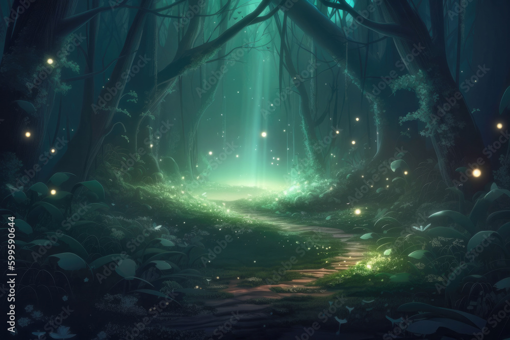 Winding path in enchanted night forest