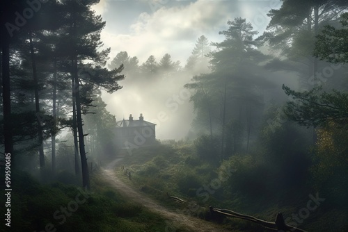 gloomy and atmospheric house standing in the forest covered with fog AI © Terablete