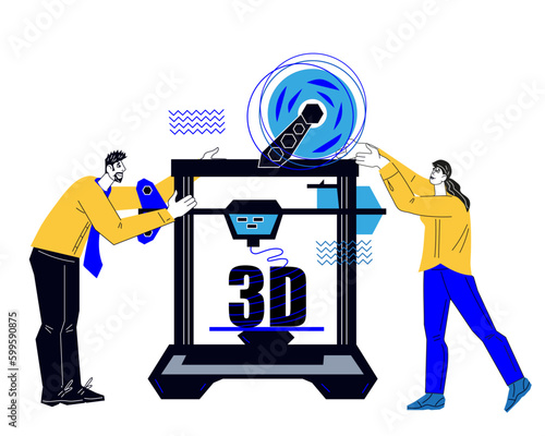 3D printing or additive manufacturing, construction of a three-dimensional objects. Man and woman print on a 3D printer flat vector illustration isolated on white background.