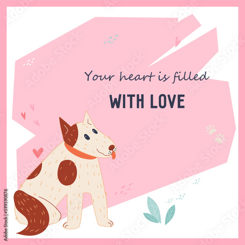 Help for homeless stray animals banner or poster mockup with cute dog, flat cartoon vector illustration. Veterinary or animal shelter, pet shop or stray animals charity organization banner.