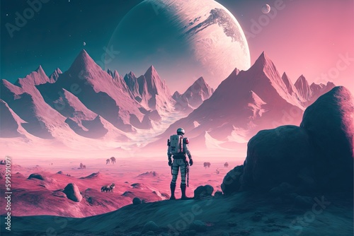 abstract space landscape against the background of a huge planet and an astronaut AI