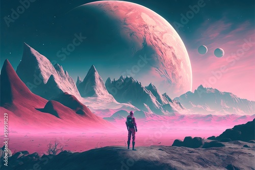 abstract space landscape against the background of a huge planet and an astronaut AI