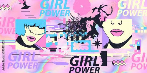 Fashion illustration modern art. Stylish background. Anti-design. Text girl power