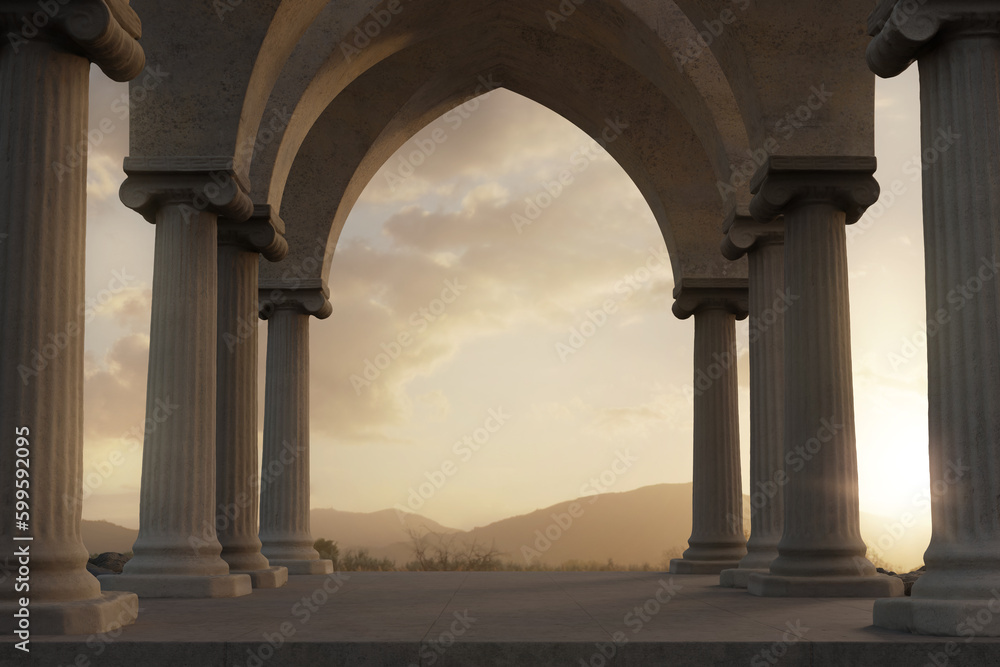 3d rendering of a stoa hall with ionic columns and view to beautiful mountains
