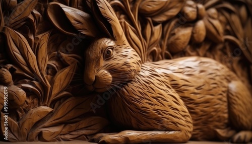 Wood carving art, dragon, lion, rabbit, forest wood carving patterns. Generative Ai