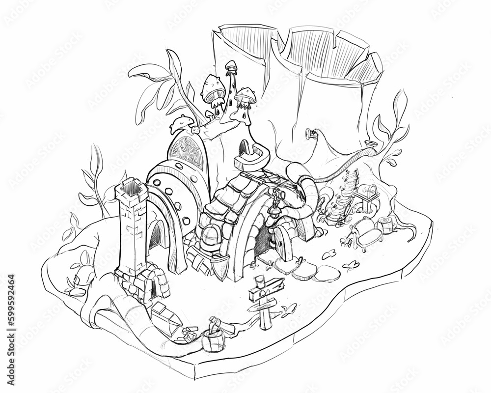 Fototapeta premium dwarf house sketch, black line white background