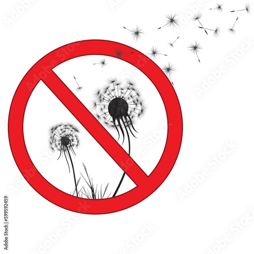 Prohibition sign of dandelion weeds, yard weeds, unwanted lawn plants. Symbol in the garden, lawn, gardening. Vector illustration