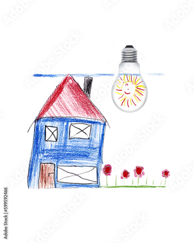 Nachhaltiger Strom für ein Einfamilienhaus als Composing mit Kinderzeichnung