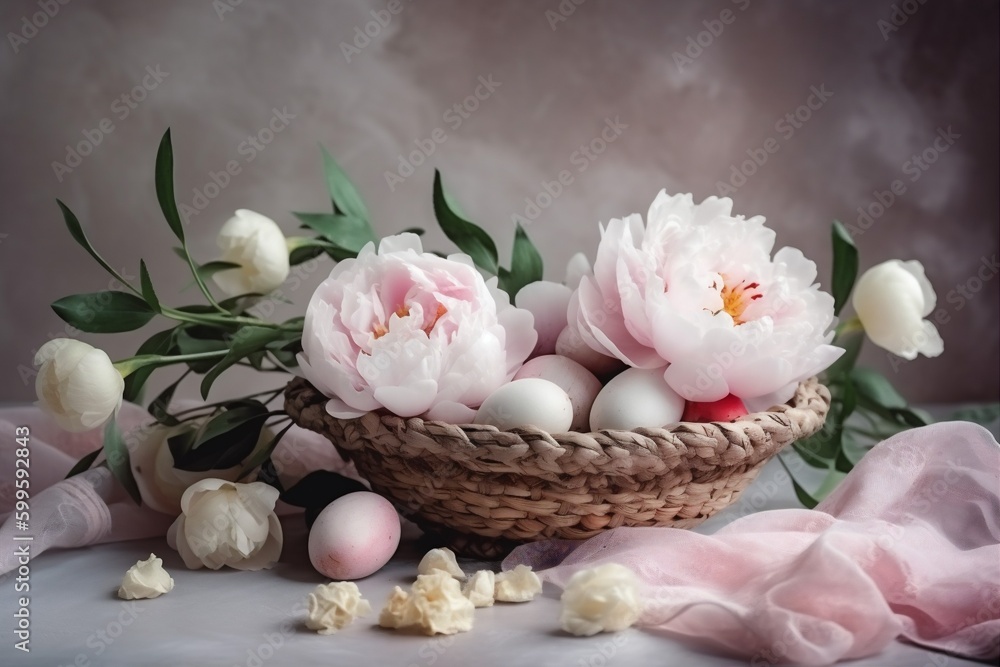 spring pink flower floral peony holiday pastel egg background blossom easter. Generative AI. spring pink flower floral peony holiday pastel egg background blossom easter. Generative AI.