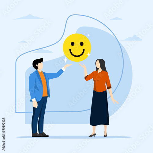 Employee happiness concept, job satisfaction or company benefits, happy workplace or positive attitude, work motivation, happy businessman and woman holding smiley face symbol at happy workplace.