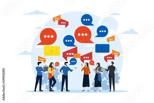 Group of people talking. businessmen discussing social networks, news, social networks, chat, dialogue speech bubbles above them. Vector illustration in flat style.