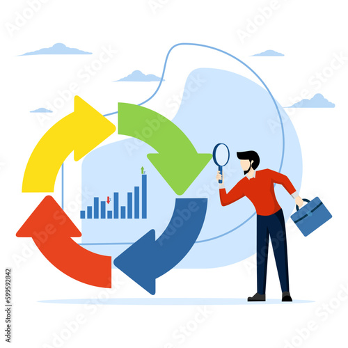 Statistics or data analysis concept, economic cycle to study stock market ups and downs, boom or recession, business cycle for marketing, businessman with magnifying glass on economic cycle diagram.