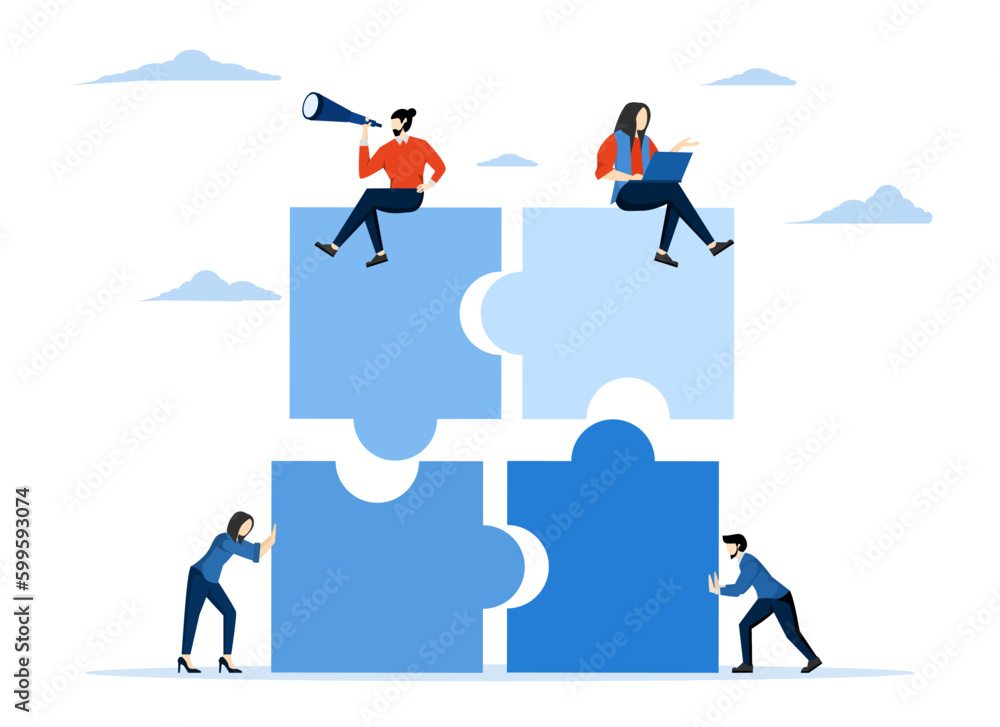 teamwork concept, Project team collaboration, teamwork, partnership or colleagues working together to solve problems and achieve success, businessmen colleagues working together on a jigsaw puzzle.