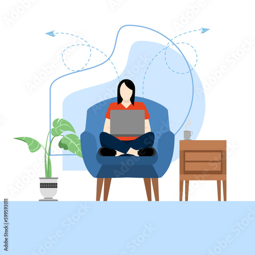 young woman is sitting with laptop on sofa chair at home. Work on the computer. Freelance, online education or social media concept. Vector illustration isolated on white.