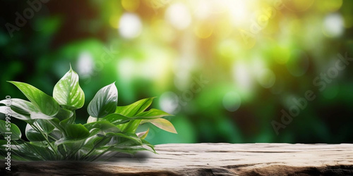Wooden Platform Landscape with Green Plants Bokeh Panorama Background. Nature Outdoors  Trees  Wood and Blurred Copy Space. illustration Generative AI