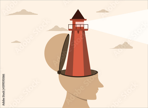 guidance or search concept, Vision to see direction, enlightenment or wisdom to discover new knowledge, solution or insight, head with house light shining brightly to see and find clues.