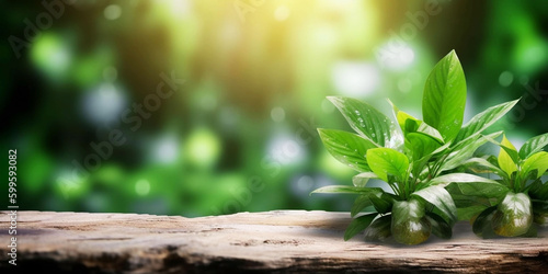 Wooden Platform Landscape with Green Plants Bokeh Panorama Background. Nature Outdoors, Trees, Wood and Blurred Copy Space. illustration Generative AI