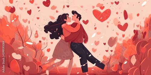 Cute couple in love hugging with many hearts, generative AI