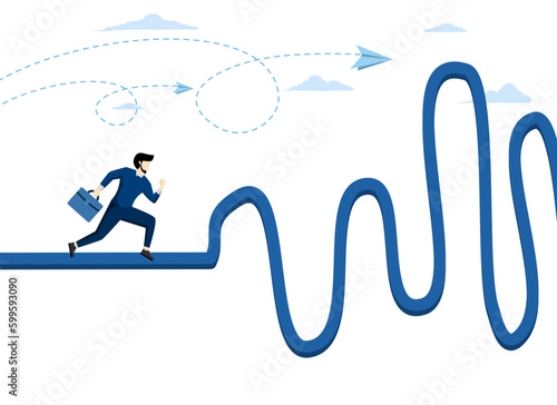 concept of journey or effort to success, difficult road ahead, obstacles or difficult situations to overcome, difficulties or problems, businessman running towards new challenges difficult road ahead.