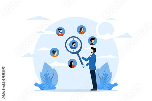 advertising focus group concept, customer centric marketing strategy to design products and services, UX user experience, entrepreneur with magnifying glass focus on customers, users or people. photo