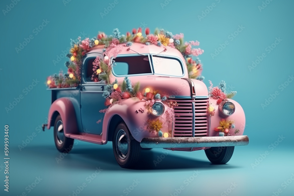 Vintage car track with flowers. Generative ai