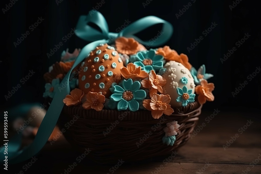 Easter egg and flower bouquet, orange and turquoise, generative AI