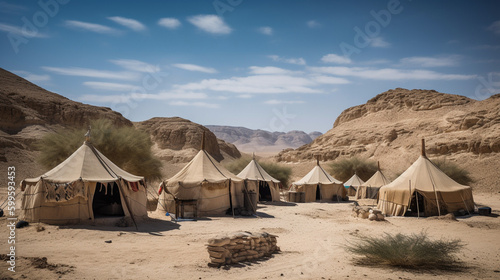 A tent encampment in a desert environment, Generative AI. photo
