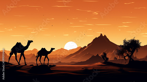 Camels in a desert environment with beautiful light conditions Generative AI.