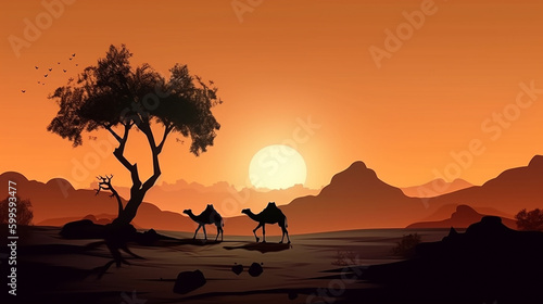 Camels in a desert environment with beautiful light conditions Generative AI.