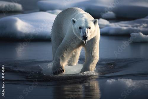 Illustration of polar bear stalking across an ice flow. Generative AI. 
