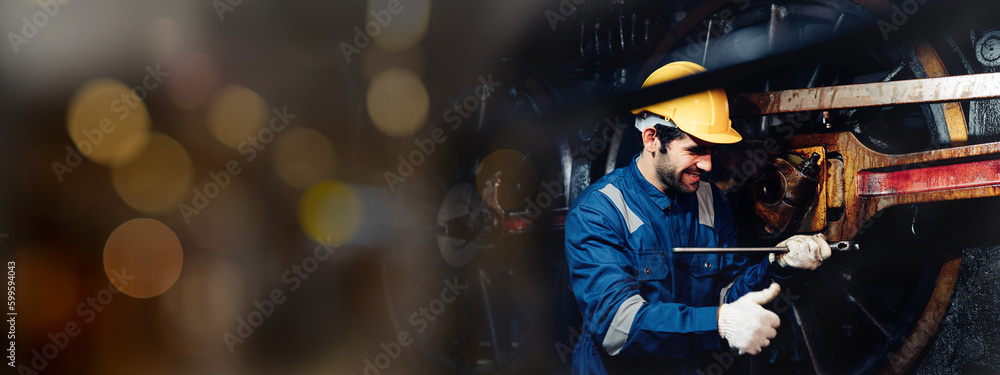 Engineer railway wearing safety uniform and helmet under checking under train ,wheels and control system for safety travel passenger. Banner cover design.