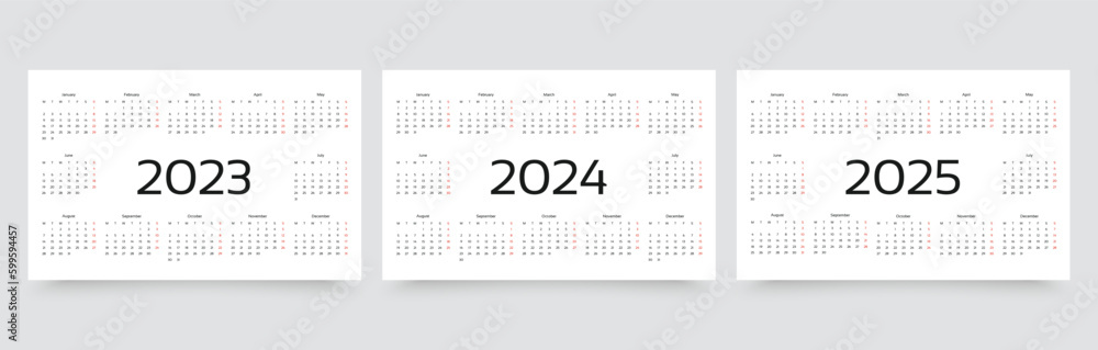 2023, 2024, 2025 years calendar. Week starts Monday. Simple calender layout. Desk planner template with 12 months. Yearly diary. Organizer in English. Pocket or wall formats. Vector illustration. - obrazy, fototapety, plakaty 