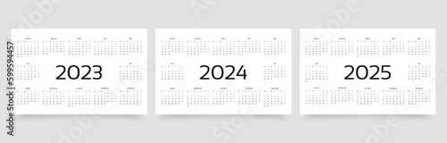 2023, 2024, 2025 years calendar. Week starts Monday. Simple calender layout. Desk planner template with 12 months. Yearly diary. Organizer in English. Pocket or wall formats. Vector illustration. photo