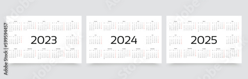 2023, 2024, 2025 years calendar. Week starts Monday. Simple calender layout. Desk planner template with 12 months. Yearly diary. Organizer in English. Pocket or wall formats. Vector illustration.