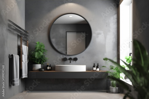 sink room gray design concrete interior luxury home bathroom white mirror. Generative AI.