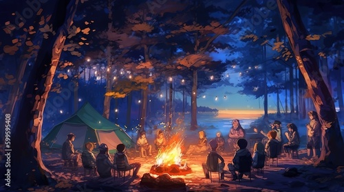 Japanese anime style bonfire in the forest wallpaper