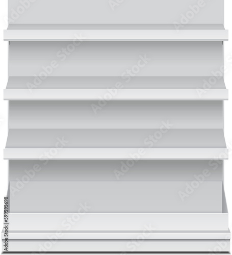 Mockup Blank Long Empty Showcase Display With Retail Shelves. Perspective View 3D. Illustration Isolated On White Background. Mock Up Template Ready For Your Design. Product Advertising. Vector EPS10