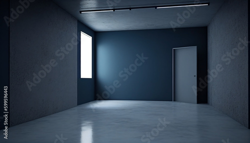 Empty room with a window an door  a concrete floor and a room with a dark blue wall  Generative AI