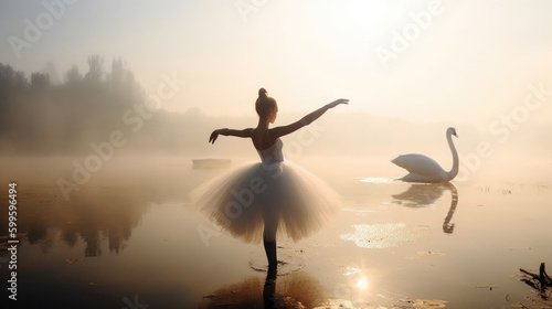 Female ballet dancer on swan lake in golden hour haze, prima ballerina assoluta dancing on swan lake among swans, smooth movements of ballet woman performer in white tutu dress, generative AI
