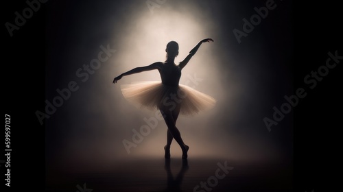 Female ballet dancer silhouette in spotlight beam dark background, prima ballerina assoluta dancing on stage of theater, smooth movements of ballet woman performer in white tutu dress, generative AI photo